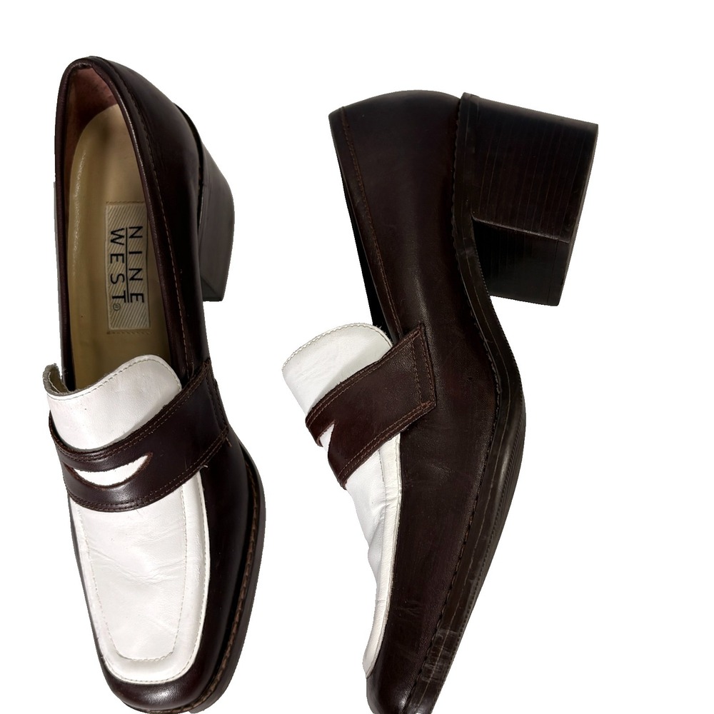 Vtg 90s Nine West Leather Penny Loafer Block Heel 8 Two Tone Academia Preppy Y2K